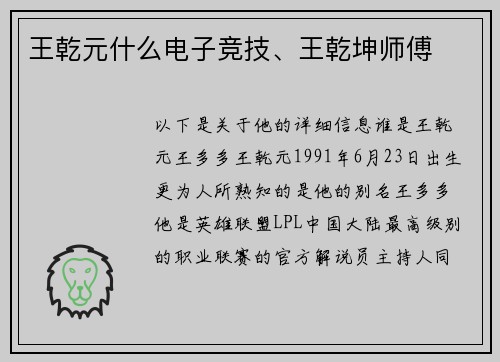 王乾元什么电子竞技、王乾坤师傅